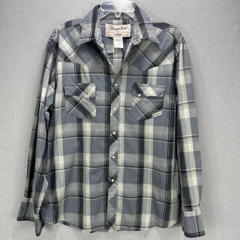Vintage Wrangler Wrancher Shirt Men's L Pearl Snaps Gray Plaid Silver Stripe LS